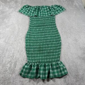 Hawaii HI Finest Palaka Dress Women Small Green Smocked Off Shoulder Ruffle Hem